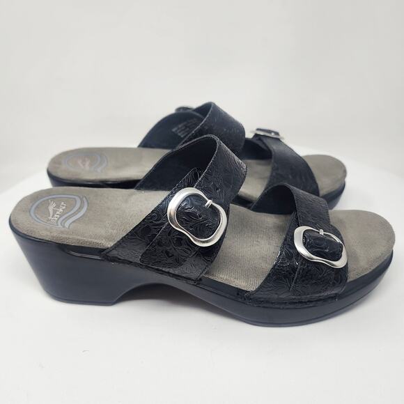 Dansko Sophie 2 Strap Sandal EU40/US9.5-10 Black Tropical Floral Emboss Leather - Picture 2 of 13